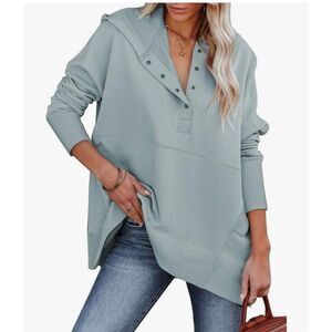 Women's 2XL Powder Blue V Neck Button Oversized Pullover Hoodie
